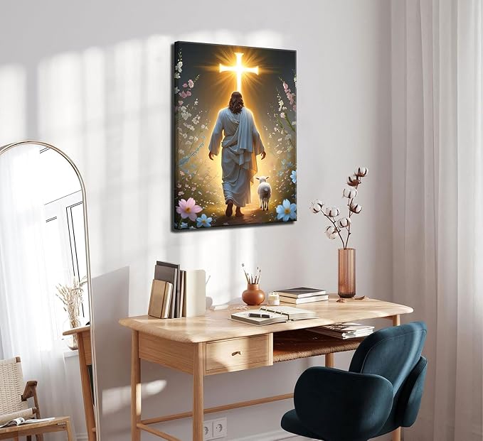 Jesus and Lamb Canvas Wall Art Christian Cross Jesus Walking Toward Light Wall - Image 5