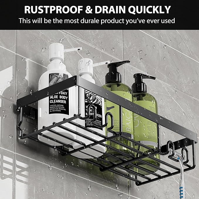 Moforoco Shower Caddy Shelf Organizer Rack, Self Adhesive Black Bathroom - Image 5