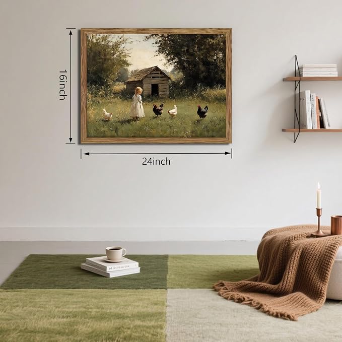 Vintage Country Framed Wall Art, Little Girl and Chick Canvas Prints, Rustic - Image 3