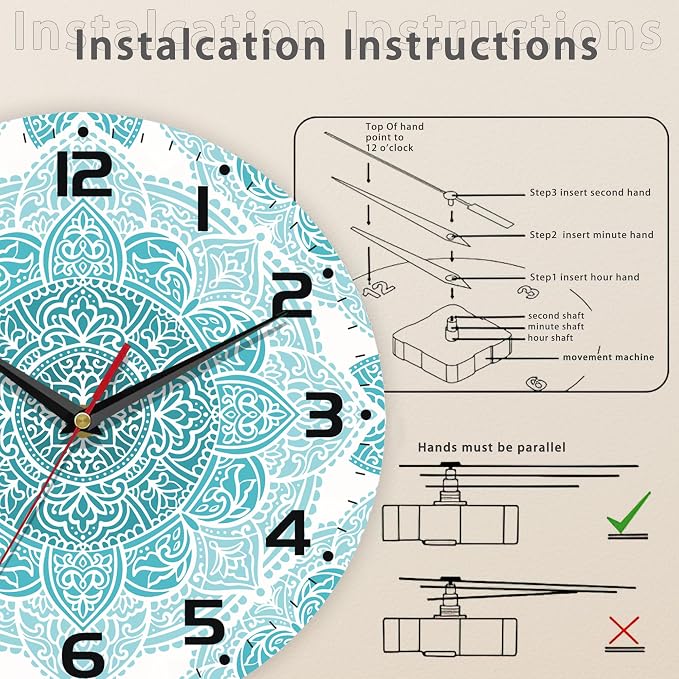 Teal Mandala Flower Wall Clock, Silent Non-Ticking, Battery Operated, Wooden - Image 4