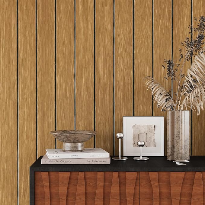 VEELIKE Honey Teak Wood Slat Wall Panels Peel and Stick Decorative Faux Wood - Image 5