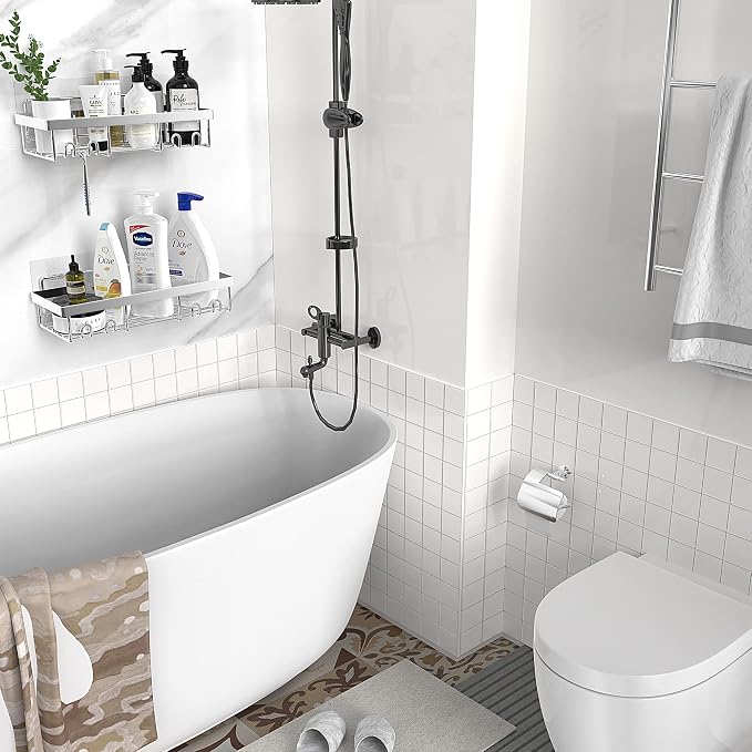 Moforoco Shower Caddy Shelf Organizer Rack, Self Adhesive Black Bathroom - Image 6