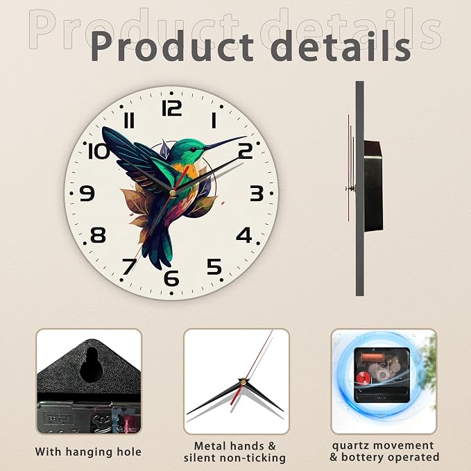 Flaying Hummingbird Bird Wall Clock Silent Non-Ticking Battery Operated Clock - Image 3