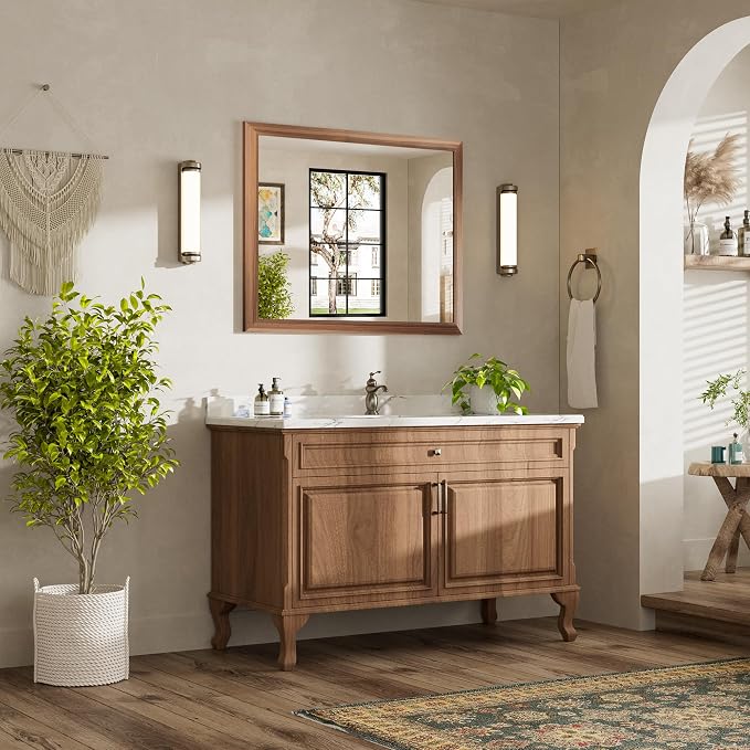 40x32 Inch Bathroom Mirror for Wall, Anti-Rust Walnut Wood Grain Metal Framed - Image 3