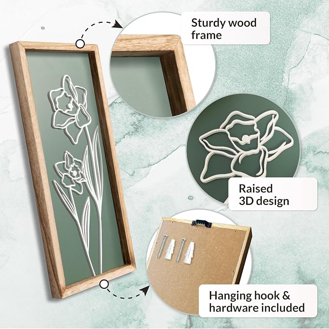 3D Floral Green Wall Art Lightweight, Wooden Ready-to-Hang Boho Framed Wall Art - Image 6