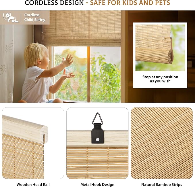 LazBlinds Cordless Bamboo Blinds, Roll Up Shades - Image 2