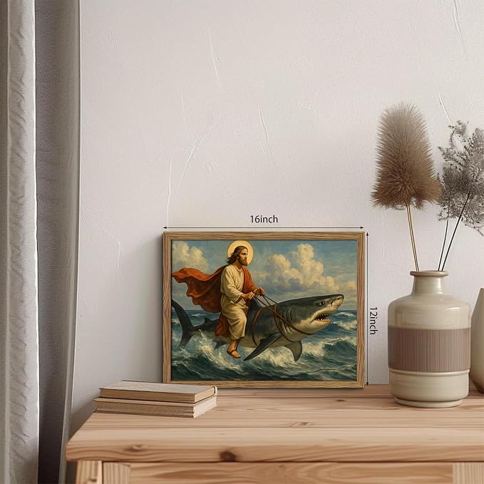 Framed Jesus Riding a Shark Wall Art, Humorous Christian Canvas Print, Fun - Image 3