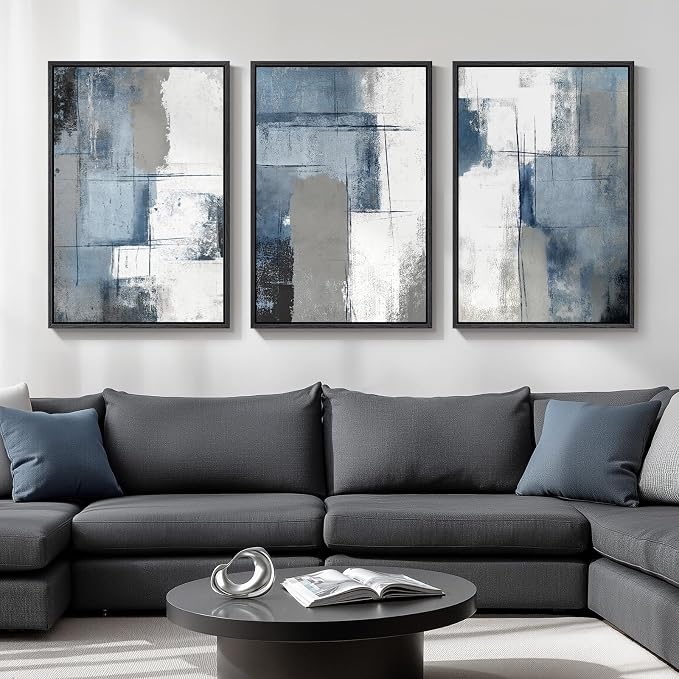 Large Framed Blue and Grey Abstract Wall Art, 3 Piece Modern Canvas Prints by Cuspin