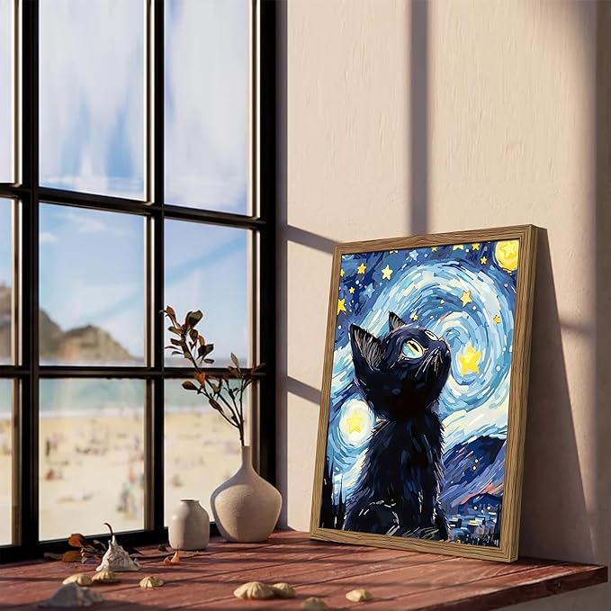 Framed Black Cat Wall Art, Van Gogh Starry Night Canvas Wall Decor, Cute Cat - Image 2