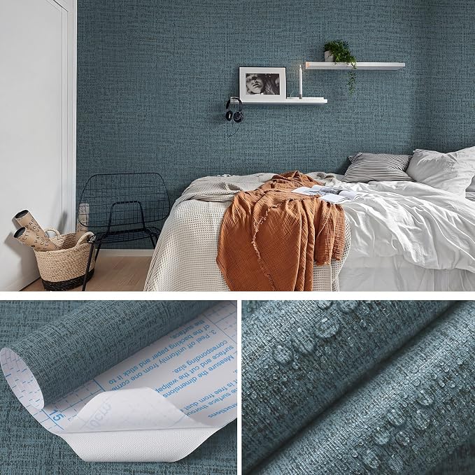 Guvana Grasscloth Peel and Stick Wallpaper Blue Textured Contact Paper Modern - Image 2