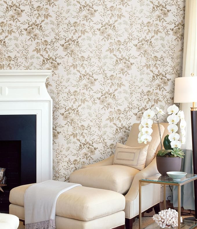 Erfoni 16.9" x394" Beige Floral Peel and Stick Wallpaper Boho Floral Leaf - Image 2