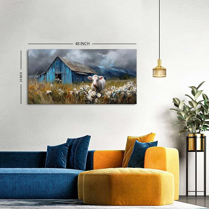 AIYISU Farmhouse Cow Wall Art Rustic Barn Landscape Pictures Wall Decor Blue - Image 2