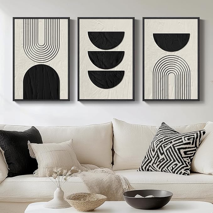 Framed Boho Black and White Abstract Wall Art, 3 Piece Modern Beige Canvas by Cuspin