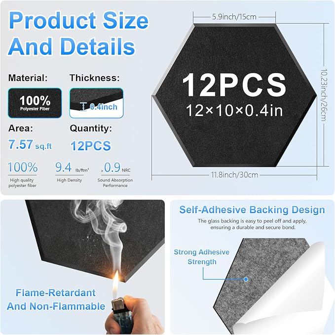 12 Pack Hexagon Acoustic Panels, Self-Adhesive Sound Deadening Panels, Sound - Image 2