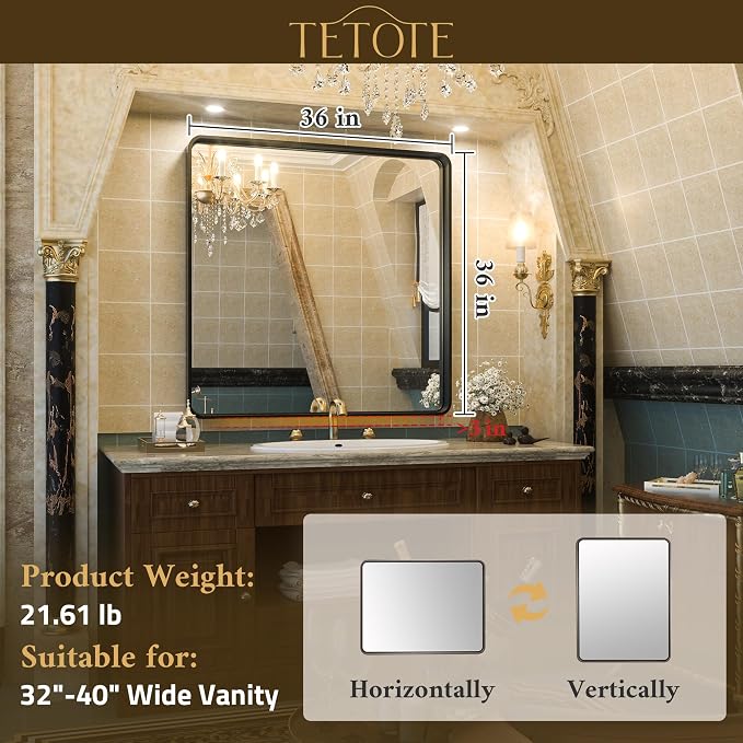 TETOTE Silver Bathroom Mirror, 36 x 36 Inch Wall Mounted Square Brushed Nickel - Image 6