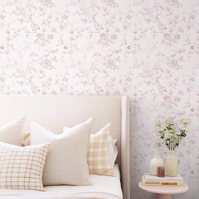Ismoon Floral Wallpaper Peel and Stick Pink Stick on Wall Paper Vintage French - Image 2