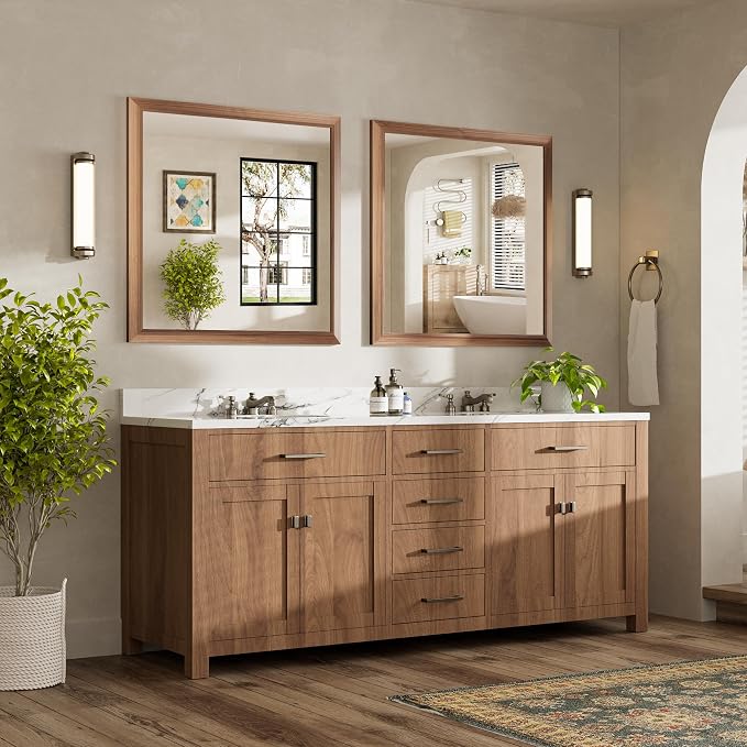 36x36 Inch Bathroom Mirror for Wall, Anti-Rust Walnut Wood Grain Metal Framed - Image 3