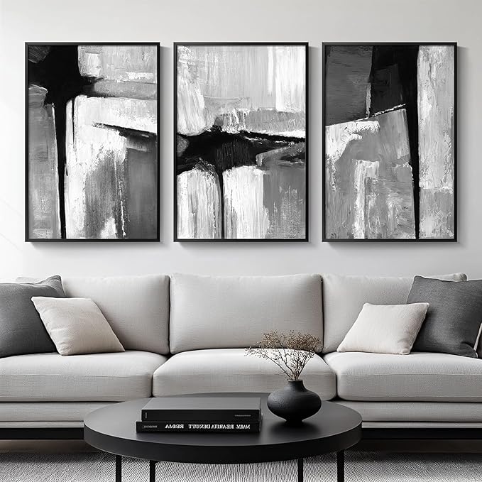 Large Framed Black and White Gray Abstract Wall Art, 3 Piece Modern Canvas by Cuspin