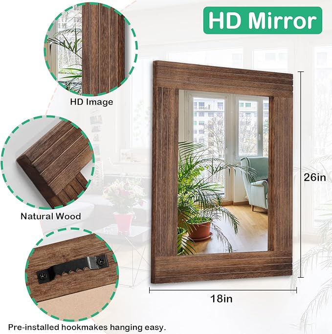Rustic Mirror Wooden Rectangular Antique Wall Mirror Frame Decor Farmhouse - Image 7