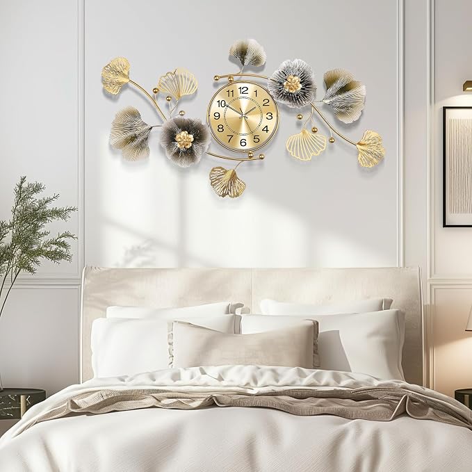 Wall Clocks for Living Room Decor, Large Wall Clock, 3D Creative Metal Ginkgo - Image 5