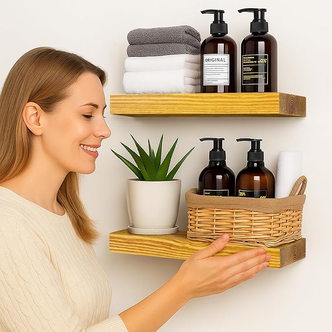 BGMG Wood Floating Shelves for Wall 12 inch Set of 2, Rustic Wooden Wall Mount - Image 2