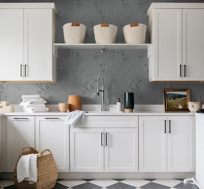 Erfoni 197"x17.7" Gray Peel and Stick Wallpaper Thicken Flower Embossed - Image 3