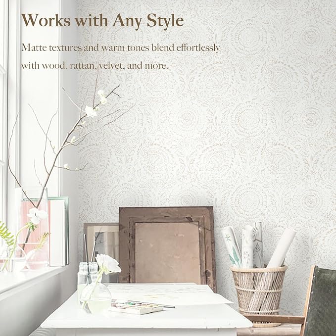 Heroad Boho Peel and Stick Wallpaper Modern Floral Wall Paper Neutral Beige - Image 4