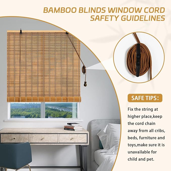 Bamboo Roll Up Shades for Windows 32Wx72L, Light Filtering Hanging Window Blinds - Image 5