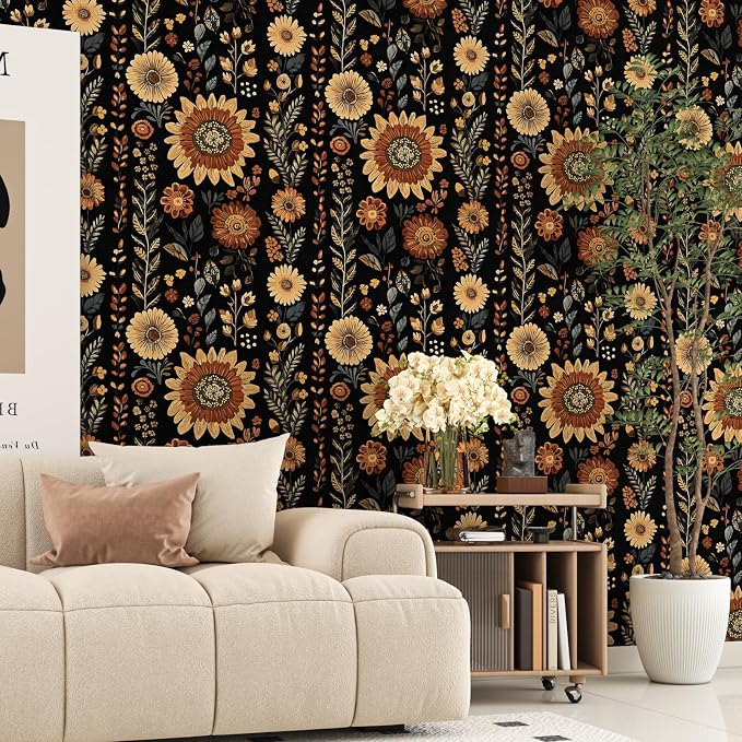 Boho Dark Floral Peel and Stick Wallpaper, Vintage Black Brown Flower Pattern - Image 4