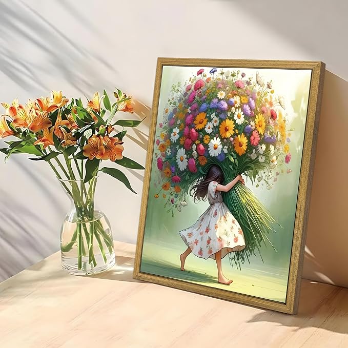 Wood Framed Pink Wildflower Canvas Wall Art, Girl Hugging Flowers Poster Prints - Image 7