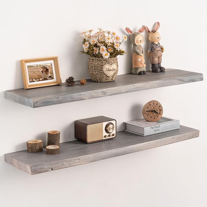 Live Edge Floating Shelves Set of 2, 36 Inch Solid Elm Wood Wall Shelves by Unknown