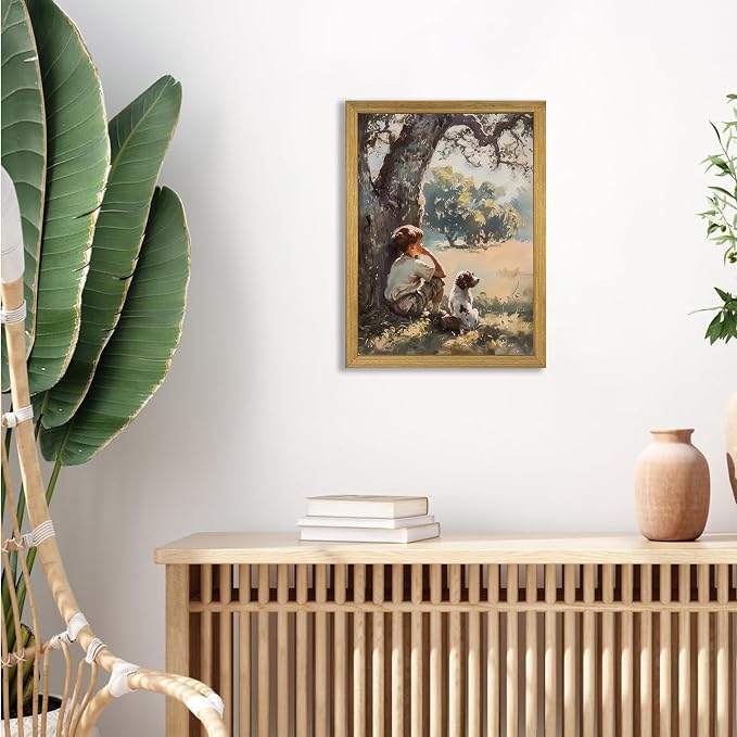 Wood Framed Canvas Wall Art, Vintage Boy and Dog Painting Poster, Countryside - Image 7