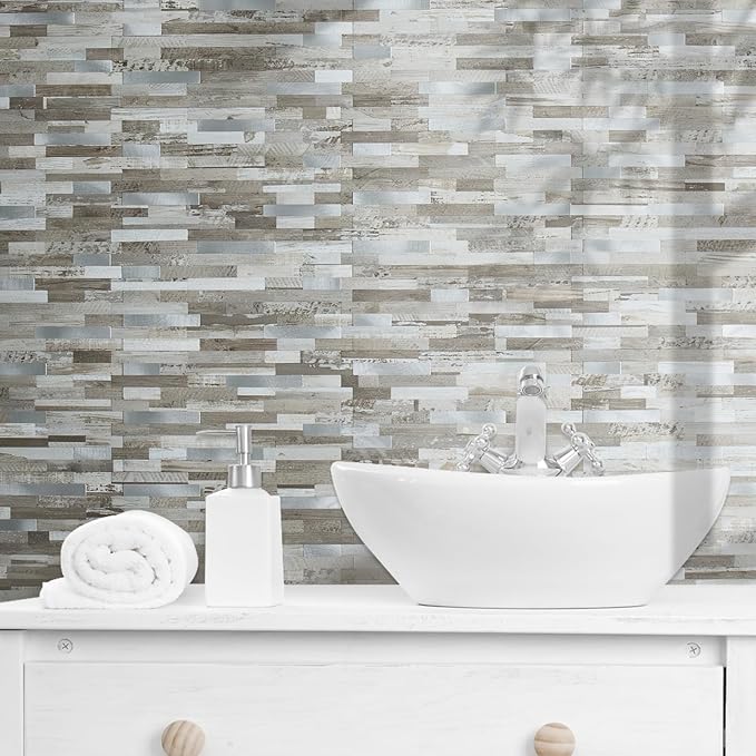 AULIGET Peel and Stick Backsplash, Coffee & Brown Wood Look PVC Mixed Metal - Image 6