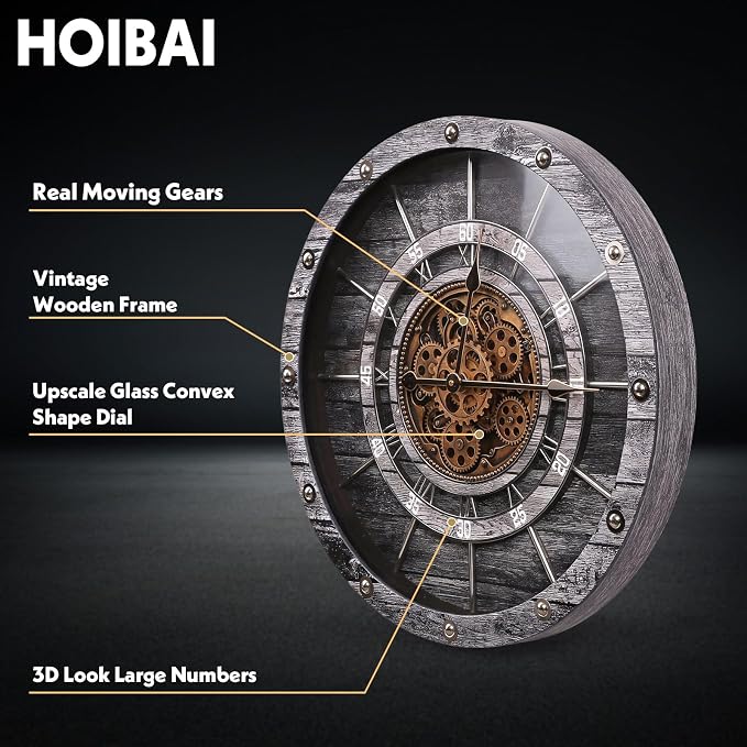 HOIBAI Wall Clock, 24 Inch Moving Gears Clock Large Wall Clock - Image 3