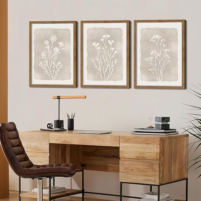Framed Boho Botanical Flower Wall Art Set of 3, Vintage Minimalist Neutral - Image 2