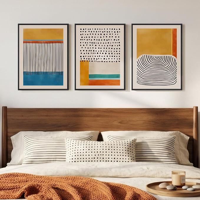 Framed Abstract Mid Century Modern Wall Art Bedroom, 3 Piece Colorful Bright by Cuspin