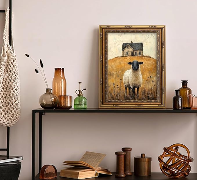 Vintage Gold Framed Wall Art Retro Country Sheep Oil Painting Canvas Prints - Image 3