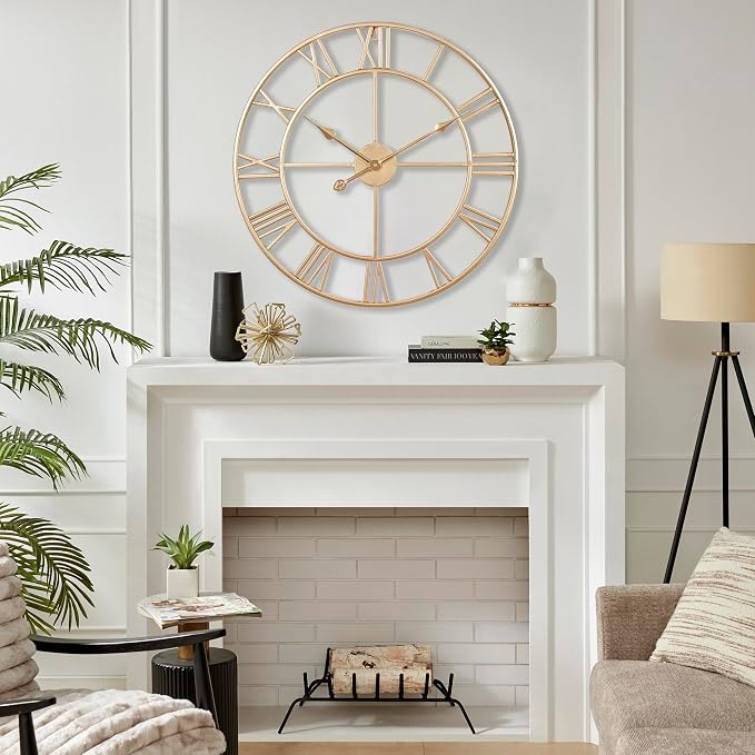 CLXEAST Champagne Gold Metal Wall Clock, Large Roman Numeral 24 Inch Wall Clocks - Image 5