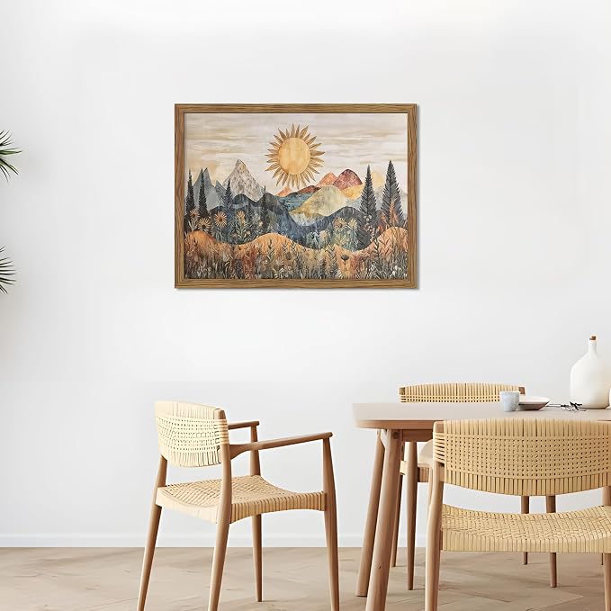 Framed Boho Sun Canvas Wall Art, Modern Abstract Mountain Landscape Painting - Image 7