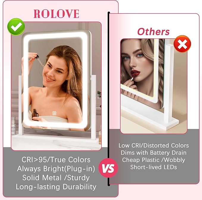 ROLOVE Vanity Mirror with Lights, 12.6"x15" LED Makeup Mirror with Lights - Image 6