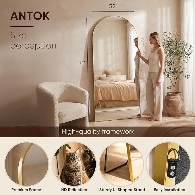 Antok Full Length Mirror, Arched Floor Standing Freestanding Arch Full Body - Image 3