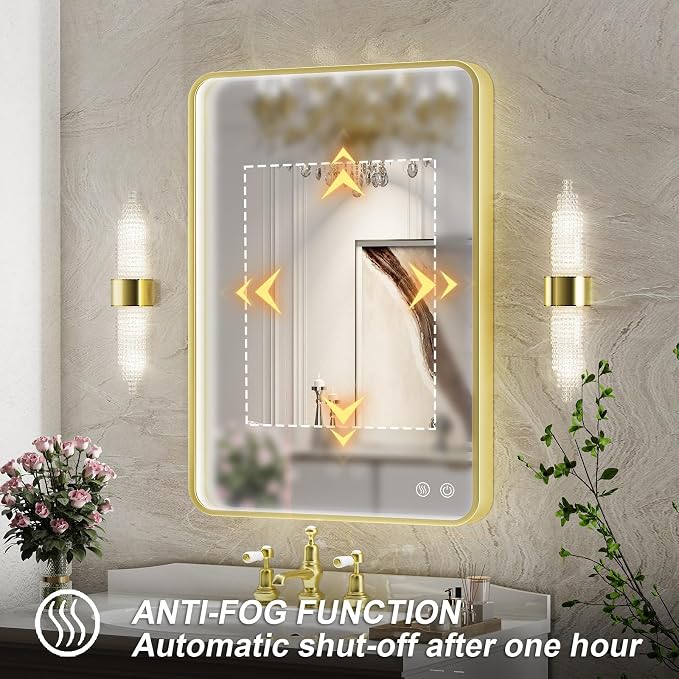 20X28 Inch Framed LED Lighted Bathroom Mirror, Wall Mounted Gold Metal Vanity - Image 4
