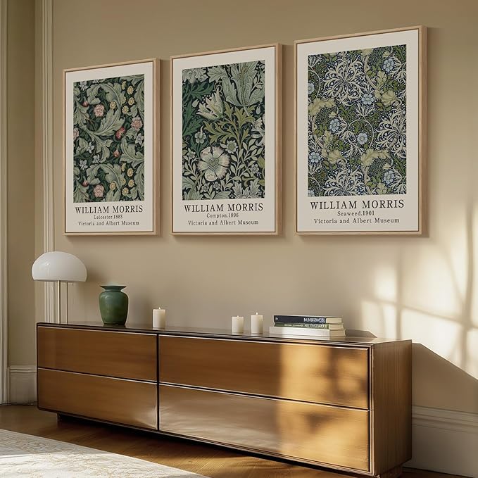 Large Framed William Morris Green Wall Art, 3 Piece Vintage Floral Canvas Prints - Image 2