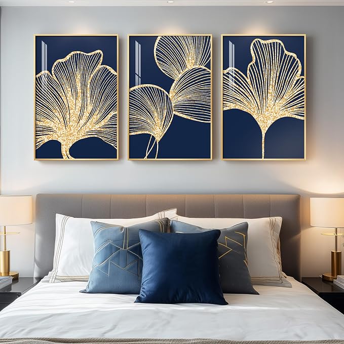 Framed Modern Luxury Wall Art for Living Room, Large Navy Blue and Gold Ginkgo - Image 3