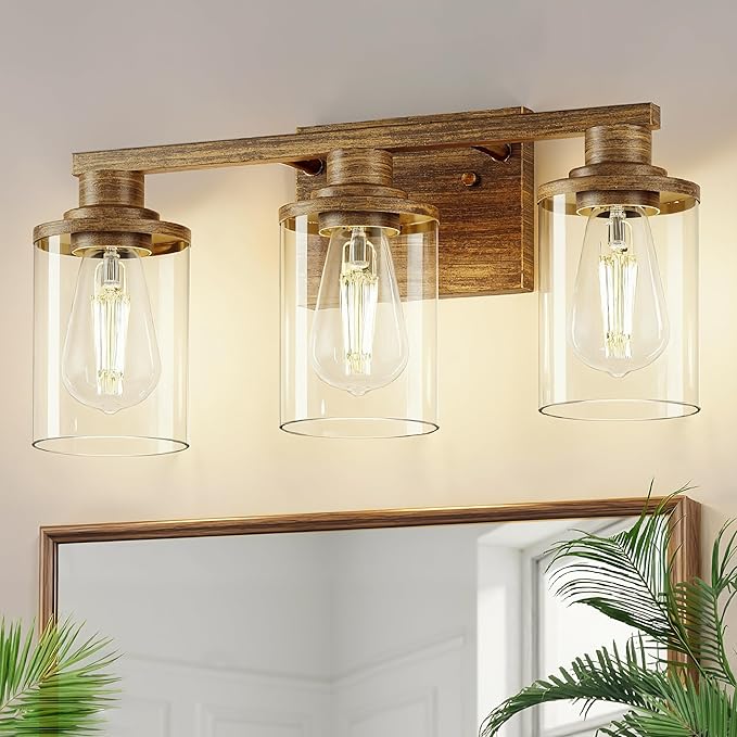 DORESshop 17 Inch Bathroom Light Fixtures, 3-Light Oak Bathroom Lighting by DORESshop