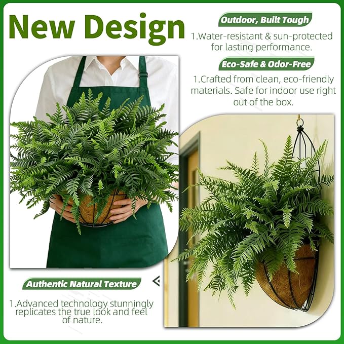 Faux Boston Fern with Hanging Basket – 18in Fake Hanging Fern, Lifelike - Image 2