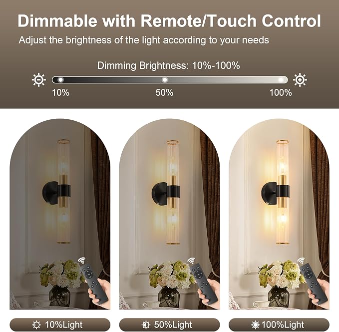 Black Gold Battery Operated Wall Sconces Set of 2, Rechargeable Wall Lights - Image 2