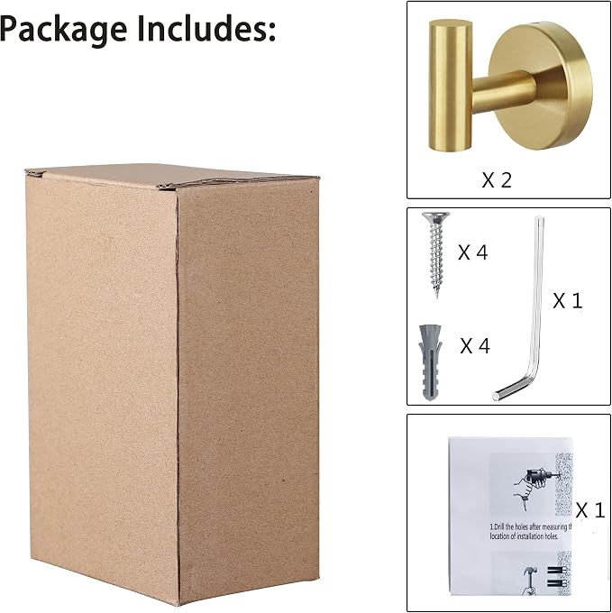 Towel Hooks for Bathroom 2 Packs Screw- in Gold Wall Mount Towel Holder Towel - Image 6