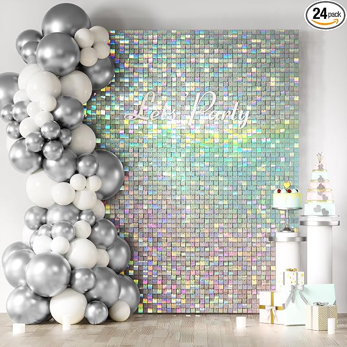 COKAOBE Iridescent Silver Shimmer Wall Backdrop, 24 Panels Square Sequin by COKAOBE