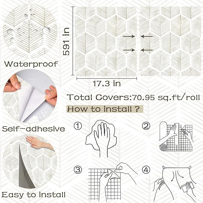 Modern Peel and Stick Wallpaper 17.3''×591'' Self Adhesive Wallpaper Boho - Image 3